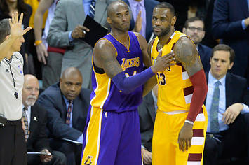 Kobe Bryant and LeBron James share a moment during the 2016 season.