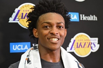 De'Aaron Fox answers questions after working out for the Lakers.
