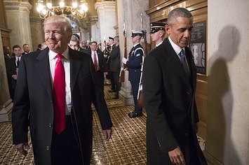 Donald Trump, left, and President Barack Obama arrive for Trump's inauguration ceremony