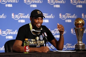 Kevin Durant conducts a press conference after Game 5 of the 2017 NBA Finals.