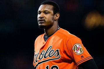 Adam Jones reacts to a call on the field.