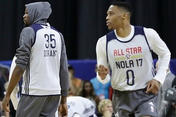 Kevin Durant and Russell Westbrook at an NBA All Star Game practice.