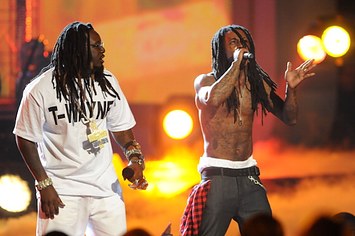 T Pain and Lil' Wayne on stage during the 2008 BET Awards