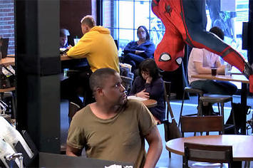 spiderman hanging out at starbucks