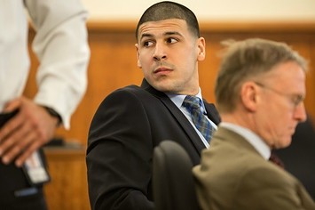 Aaron Hernandez looks on during his murder trial.