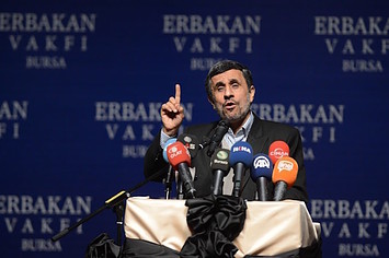 Former Iranian President Mahmoud Ahmadinejad makes a speech
