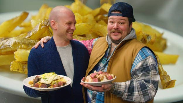 Viceland's Matty Matheson cooks poutine with Hot Ones host Sean Evans. 