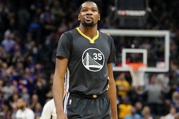 Kevin Durant walks down the court.