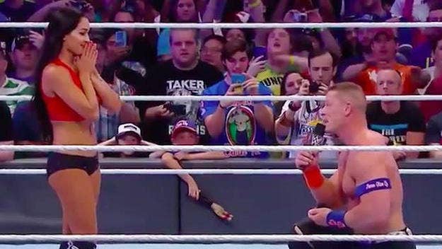 John Cena got down on a knee in the ring on Sunday night, and asked girlfriend Nikki Bella to marry him.