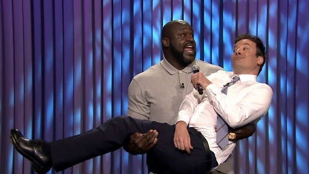 Shaq took part in a "Lip Sync Battle" segment with Jimmy Fallon and ended up spanking him and rocking him like a baby.