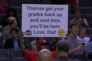 Thomas got called out by his father with a sign at a Cavs game.
