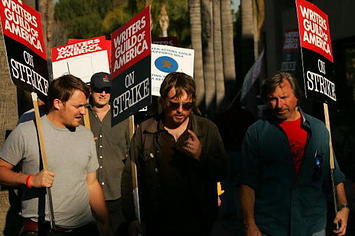 Writers Guild of America members and supporters picket in front of NBC studios