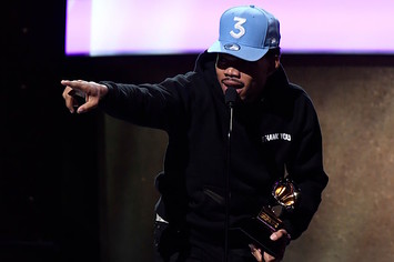 Chance the Rapper accepts Grammy award at pre ceremony.