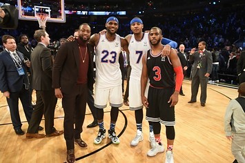 Dwyane Wade, LeBron James, Carmelo Anthony, and Chris Paul at the NBA All Star Game.