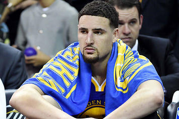 Klay Thompson sits on the bench during the 2016 NBA Finals.
