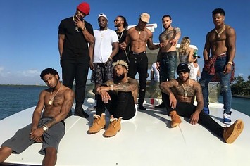 NY Giants players hang out on a boat.