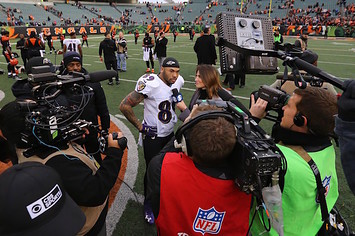 Steve Smith speaks with reporter in final NFL game.