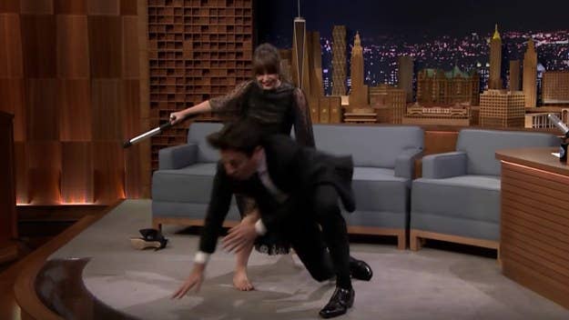 Felicity Jones demonstrated her 'Star Wars' fight skills on 'Tonight Show,' taking down Jimmy Fallon in the process.