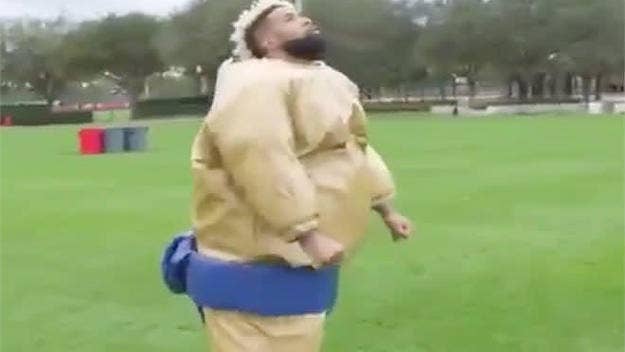 Giants reciever Odell Beckham Jr. is running around in a sumo suit at the Pro Bowl, trying to return punts from Marquette King. 