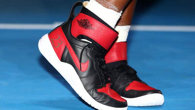 Serena Williams wears lasered Air Jordans to celebrate Australian Open victory.