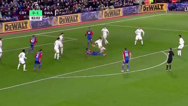 In the English Premier League, Crystal Palace's Wilfried Zaha scores a bonkers goal to tie up the game (briefly anyway) against Swansea City.