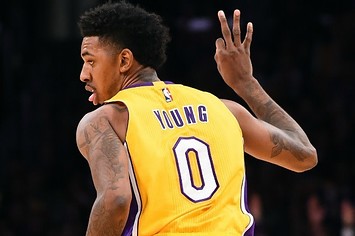 Nick Young celebrates a three pointer.