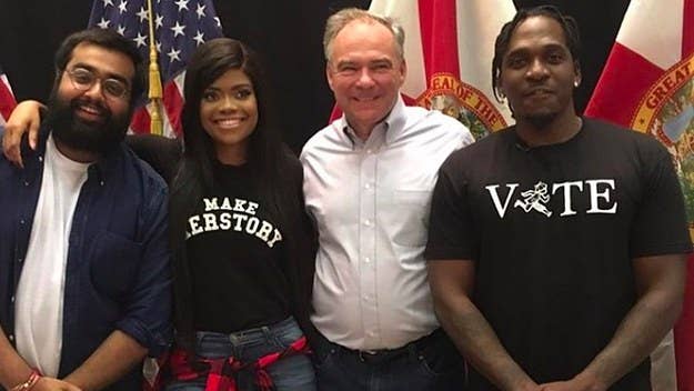 Pusha T joined Democratic vice presidential candidate Tim Kaine on the campaign trail.