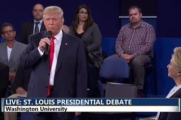 A screen grab of Donald Trump at the second presidential debate taken from YouTube.