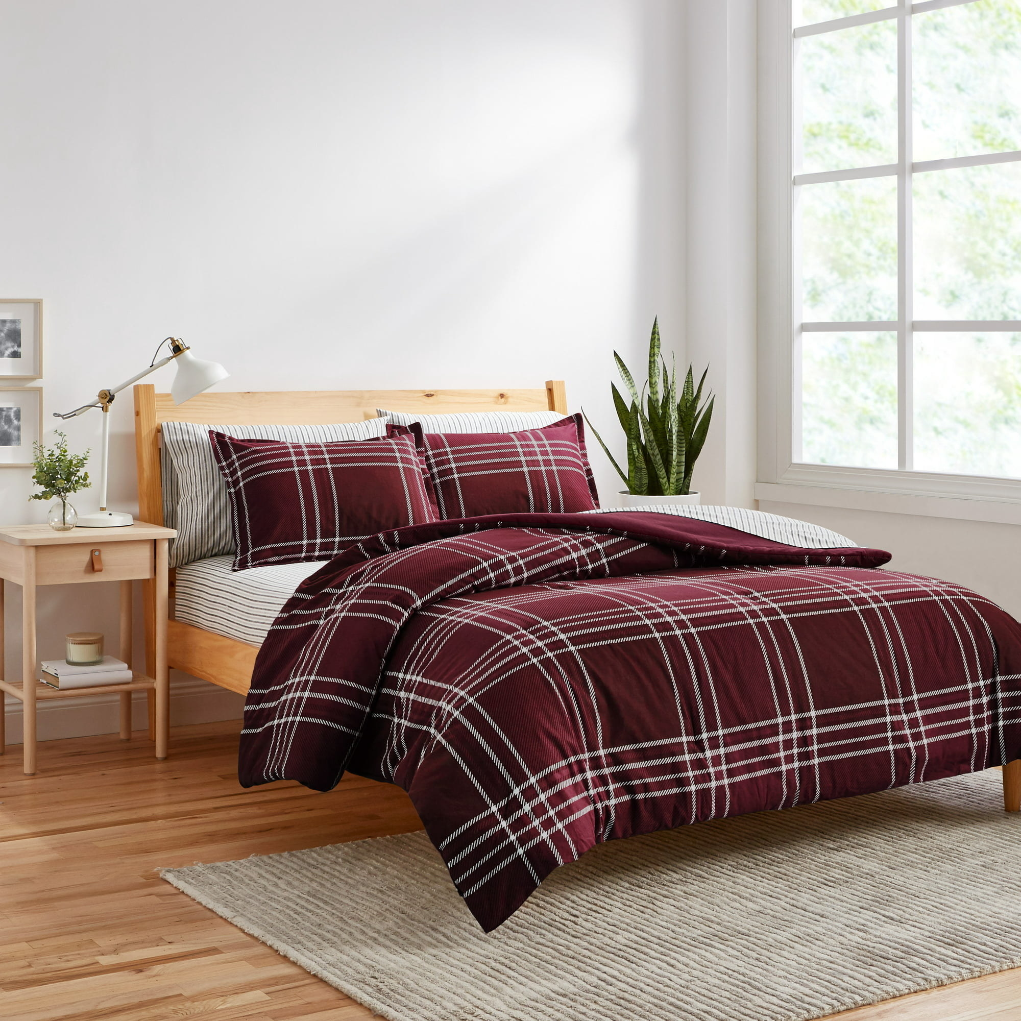 red and white plaid comforter and shams