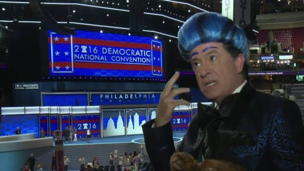 Stephen Colbert brings his 'Hunger Games' parody to the DNC, much to security's chagrin.
