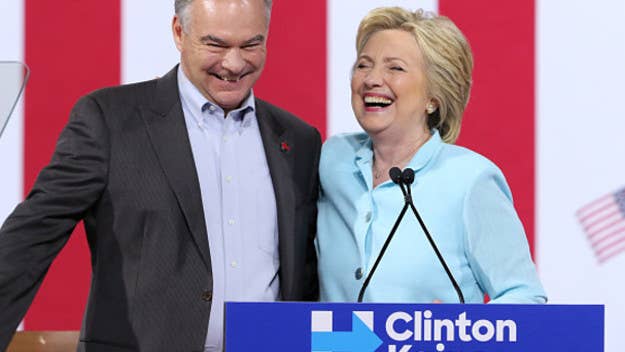 In their first public appearance, Clinton and Kaine glossed over criticisms and highlighted Kaine's background as a civil rights lawyer.