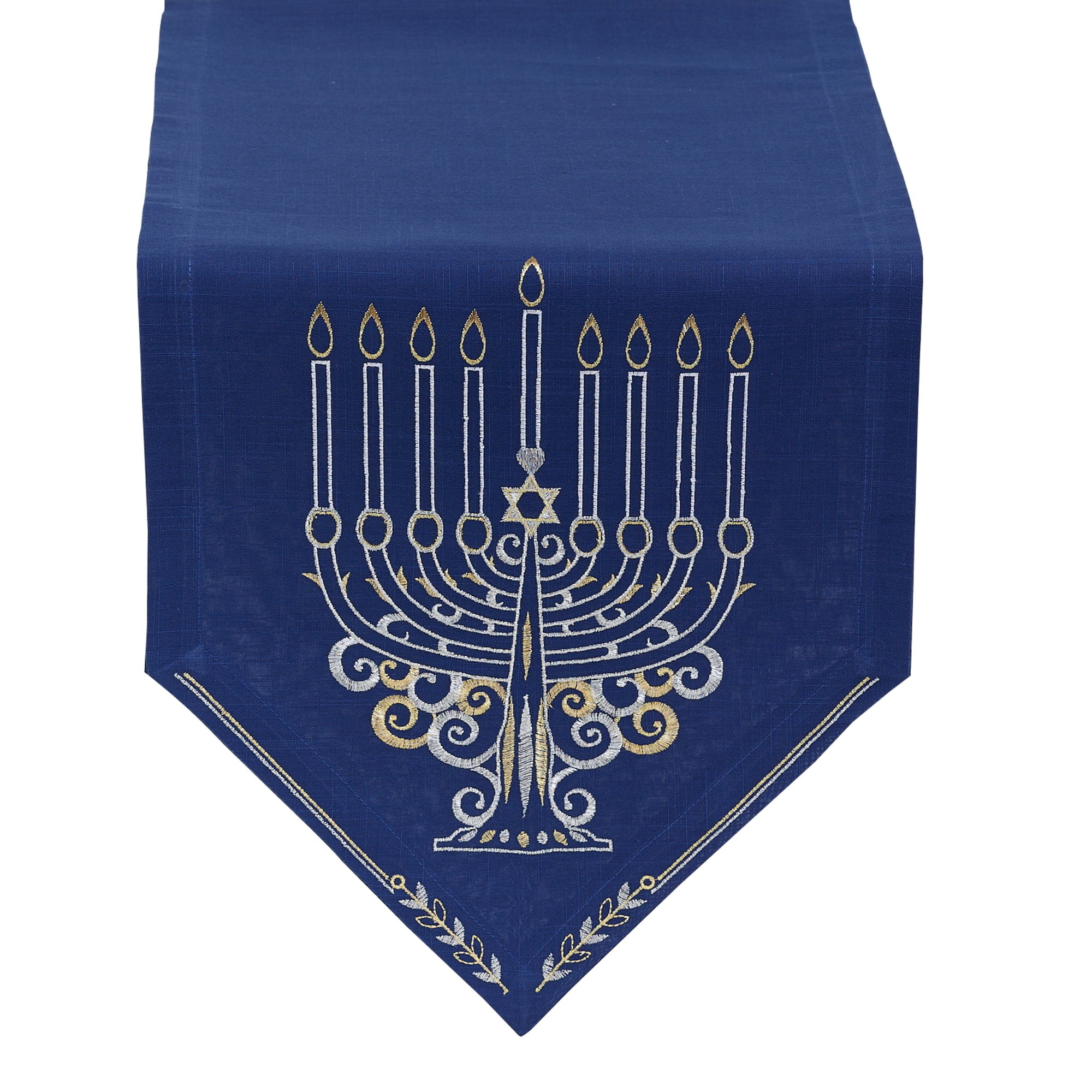 blue table runner with an embroidered menorah on the end