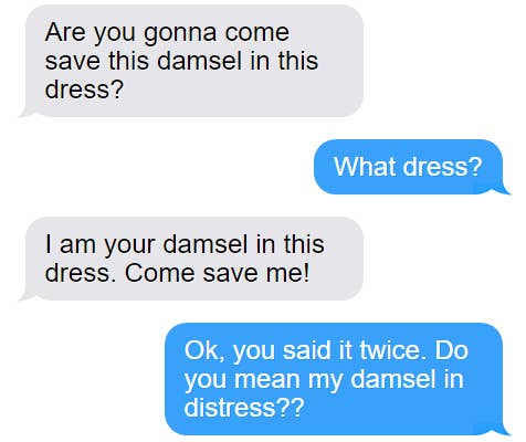 Person misspelling &quot;damsel in distress&quot; as &quot;damsel in this dress&quot;