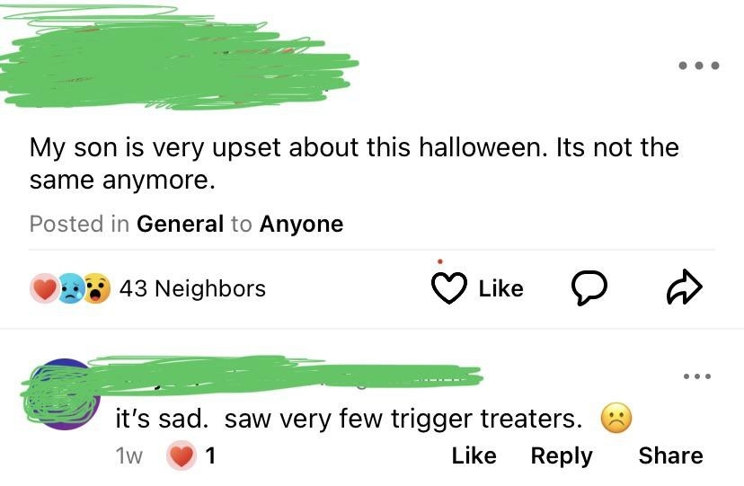 Person misspelling trick-or-treaters as trigger treaters