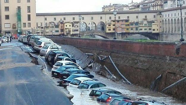These photos show a collapsed river embankment in Florence that created a gaping hole around 650 feet long and 23 feet wide.
