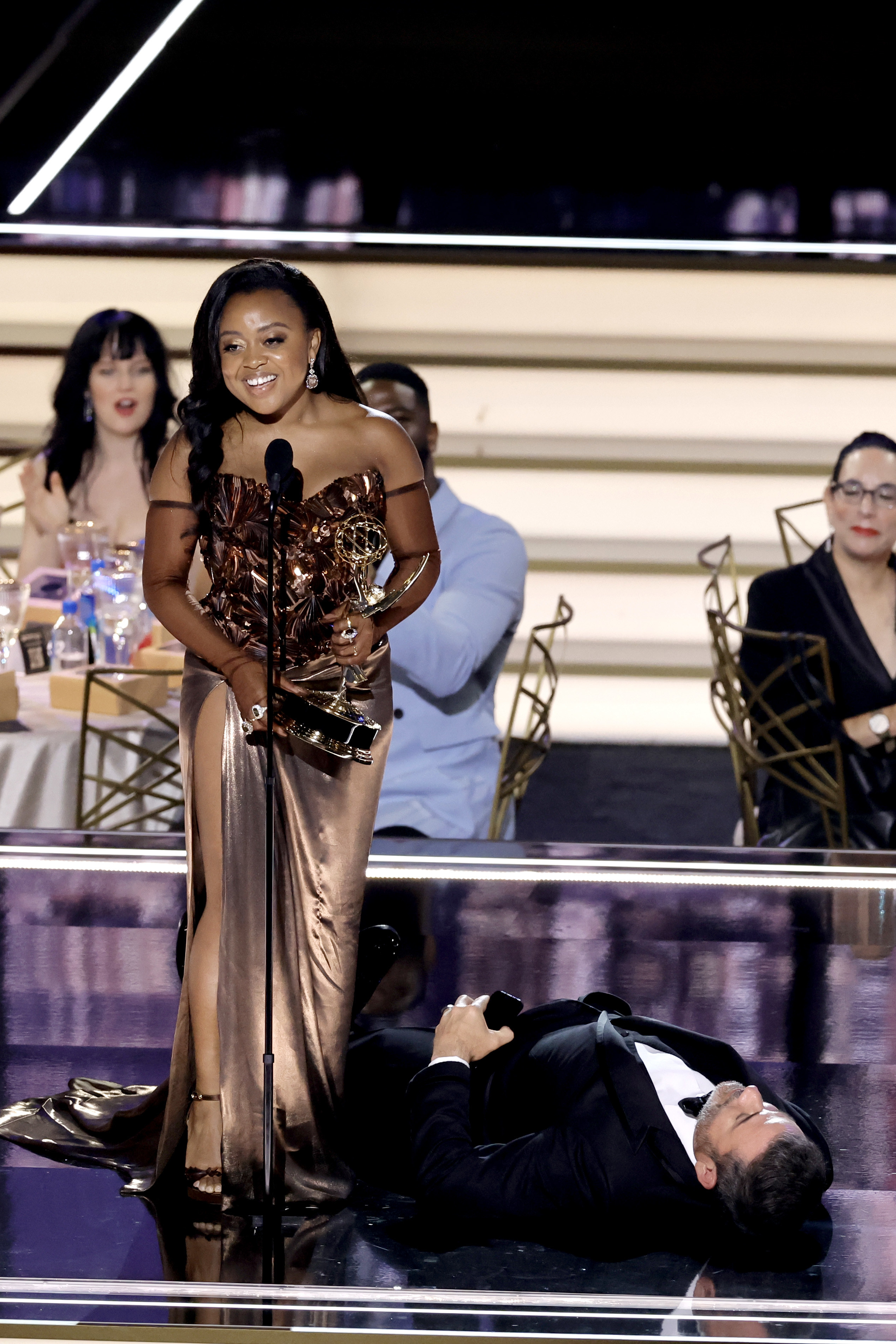 Jimmy Kimmel laying on the floor during Quinta Brunson&#x27;s Emmys acceptance speech