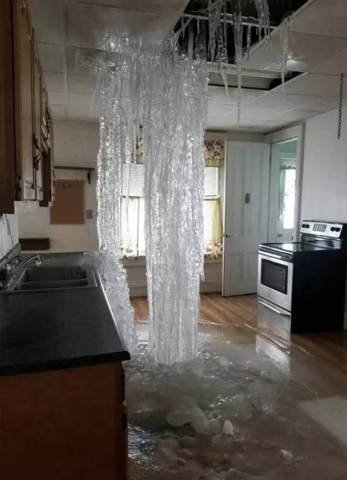 Icicles from the kitchen ceiling to the huge ice puddle on the floor