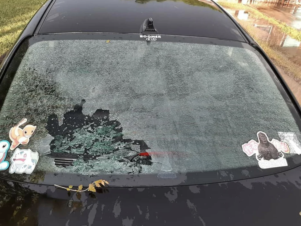 Broken icy car window