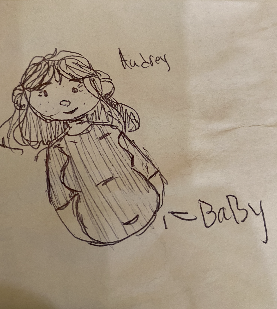 a drawing of Audrey with an arrow pointing to her belly and the word &quot;baby&quot;