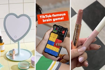 a heart-shaped mirror on a counter, a person holding a brain puzzle, and a person holding two lip gloss tubes