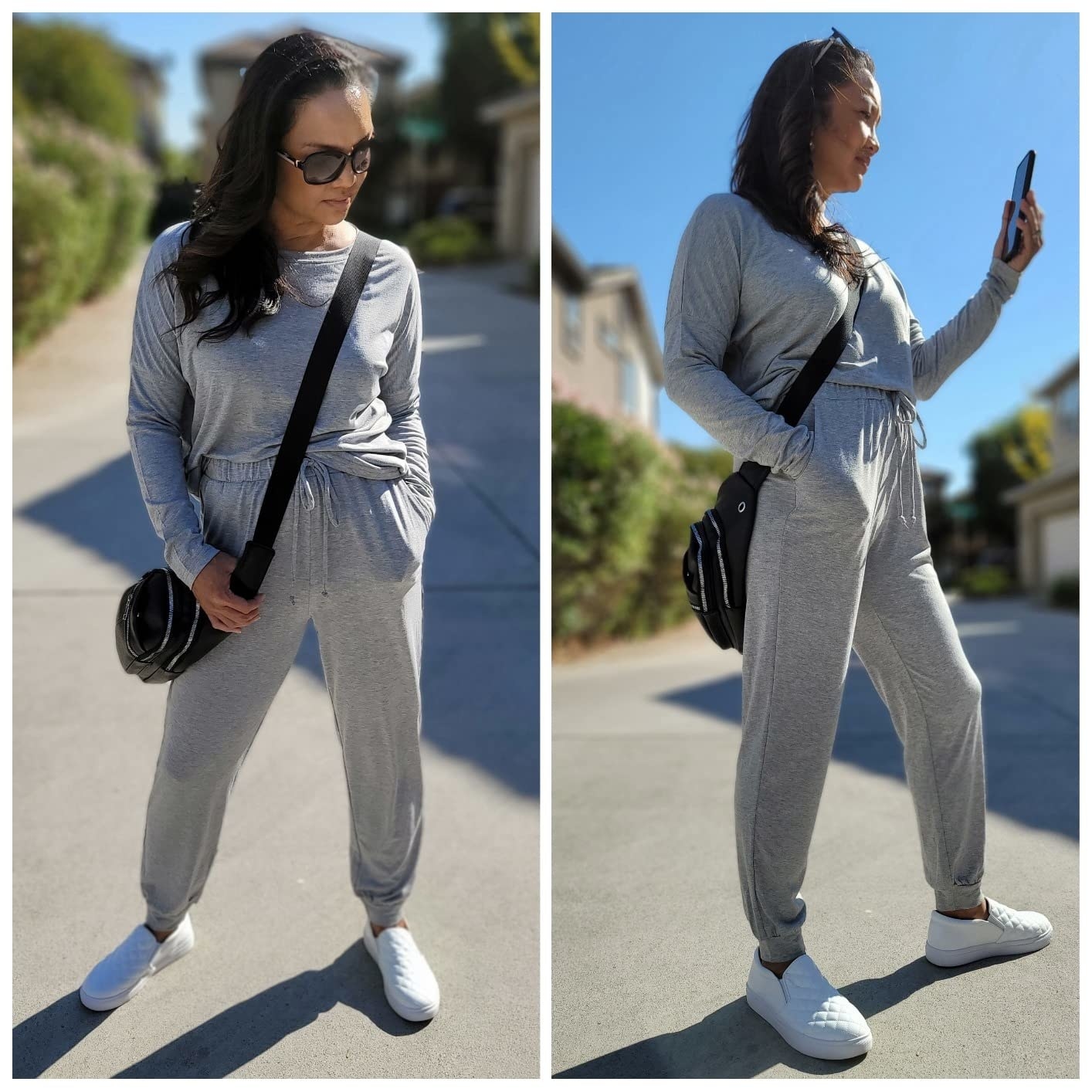 reviewer wearing the gray sweat suit