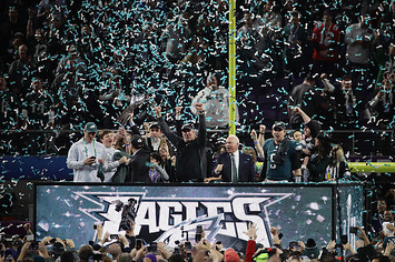 Philadelphia Eagles celebrate with the Vince Lombardi Trophy.