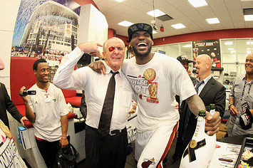 Pat Riley celebrates with LeBron James.