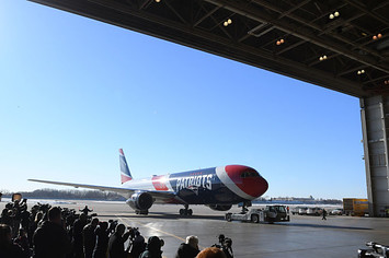The New England Patriots team plane arrives for Super Bowl LII