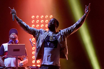 Meek Mill performs as a surprise guest during Jay Z's Made in America set.