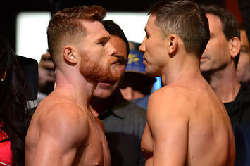 Gennady Golovkin and Canelo Alvarez stare one another down at a weigh in.
