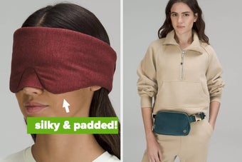 a padded eye mask and a velour everywhere belt bag