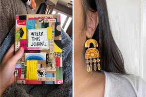 on left, reviewer holding colorful Wreck This Journal. on right, model wearing rainbow arch iridescent earrings