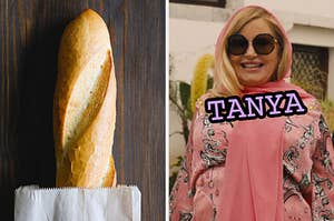 On the left, a baguette peeking out a bag, and on the right, Jennifer Coolidge as Tanya on The White Lotus