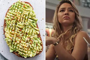 On the left, a slice of avocado toast, and on the right, Madelyn Cline as Whiskey in Glass Onion
